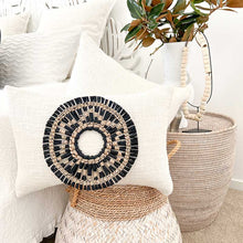 Load image into Gallery viewer, White cushion with black and natural seagrass cushion accessory. Ethnic and boho style cushions. Cushion covers 35x50
