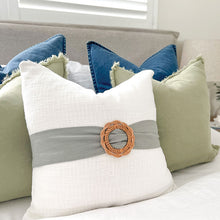 Load image into Gallery viewer, White and sage cushion with rattan buckle. Perfect for a coastal or classic style home. White and sage Cushion covers 50x50 - Square cushion
