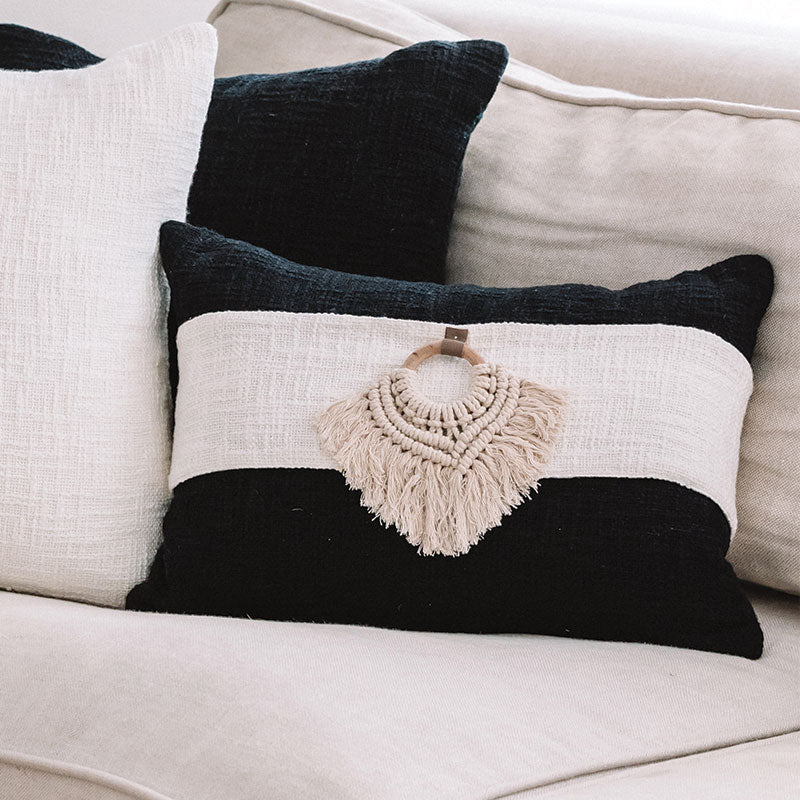 A beautiful black and cream cushion, featuring macrame detail. BLack Cushion covers 35x50 - Lumbar pillows