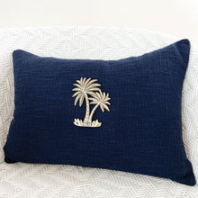 Load image into Gallery viewer, Blue and Brass Palm Tree Cushions to compliment your luxe coastal home or tropical interior.
