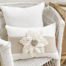 Load image into Gallery viewer, This white boho cushion is perfect for a boho style home. Macrame and shell accent piece on boho cushion. White boho Cushion covers 35x50. 
