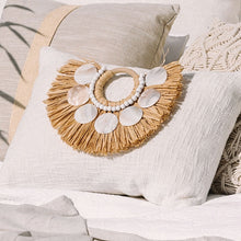 Load image into Gallery viewer, Cream cotton cushion with shell and raffia accent piece. Perfect for coastal decorating in your coastal home. Cream Cushion covers 35x50 - Lumbar pillows
