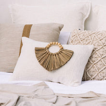 Load image into Gallery viewer, Cream Boho Lumbar Cushions with Seagrass Disk can be used as a feature piece in your boho style bedroom or in your Bohemian living room. Cream Cushion covers 35x50 - Lumbar pillows
