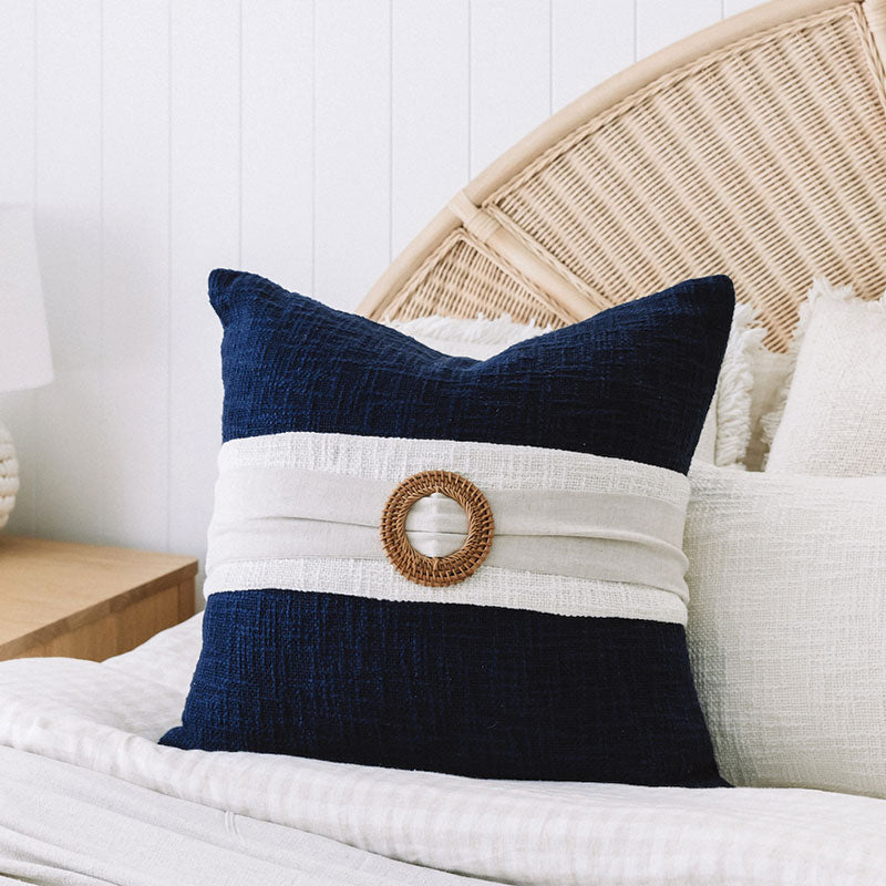 Hamptons coastal cushion with navy blue cover and natural colour detail and rattan buckle. Blue cushion covers 50x50 - Square cushion