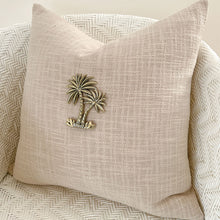 Load image into Gallery viewer, Stone colour Palm Cushion with palm tree accent pieces gives this cushion a luxe look and will compliment your tropical interiors or resort style decor. 
