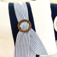Load image into Gallery viewer, Blue and white coastal or Hamptons cushion. blue and white stripe sash with round timber buckle perfect for Hampton styling. Hamptons coastal style.
