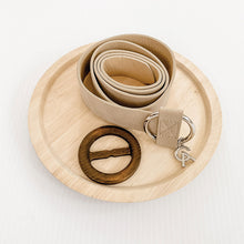 Load image into Gallery viewer, Brown suede belt or sash with small timber buckle. Can be used on a modern cushion
