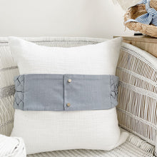 Load image into Gallery viewer, This white and soft blue cushion is a beautiful classic, cottage, coastal or Hamptons cushion. Luxe blue plait sash
